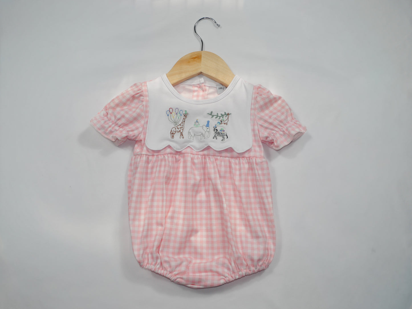 Party Animal Embroidered Pink Gingham Bubble Romper