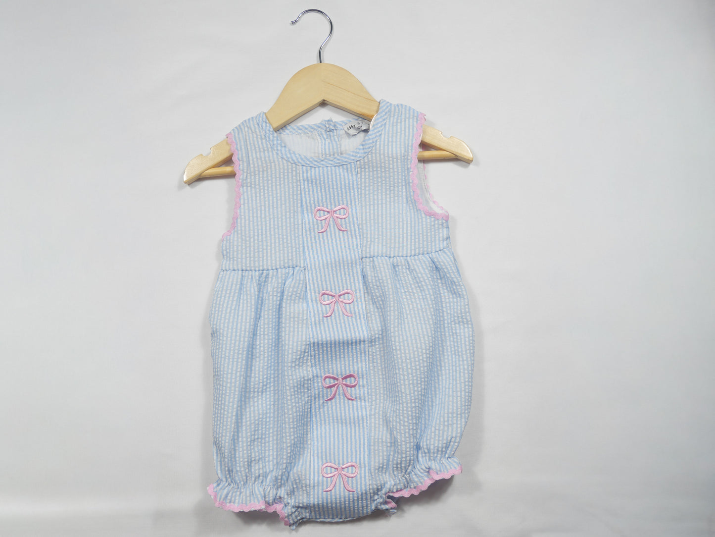 Pink Bow With Blue Stripes Embroidered Bubble Romper