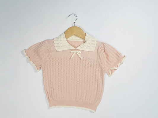 Toddler Girls Lace Collar Bow Knit Short Sleeve Top