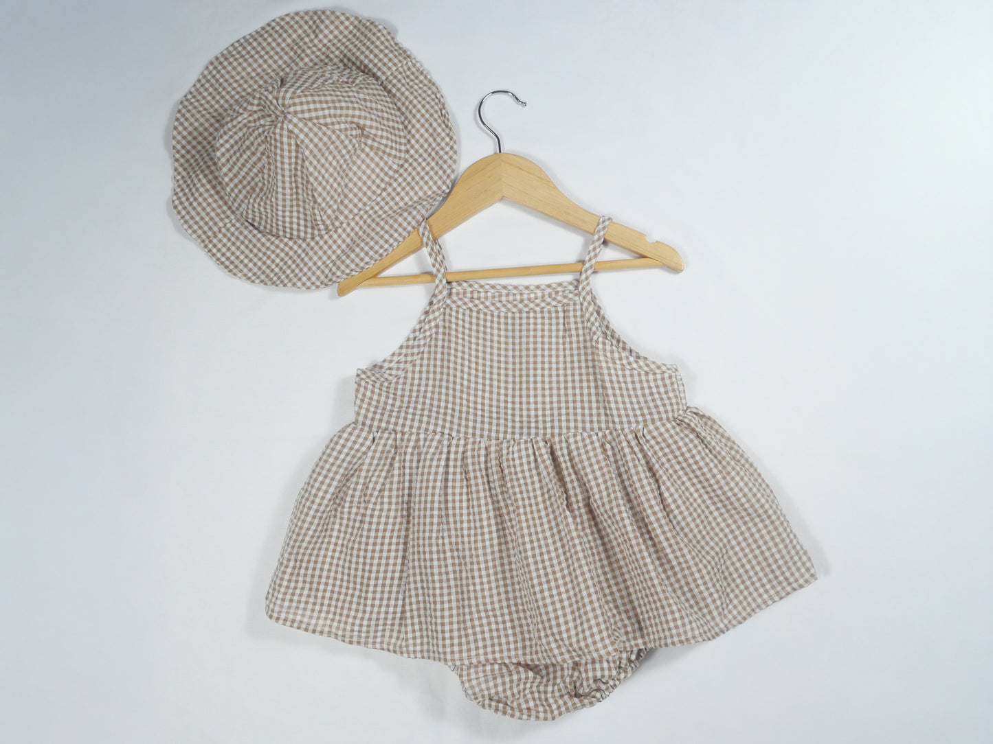 Brown White Gingham Romper Set with Matching Hat