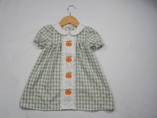Fall Pumpkin Appliqué Plaid Green Dress