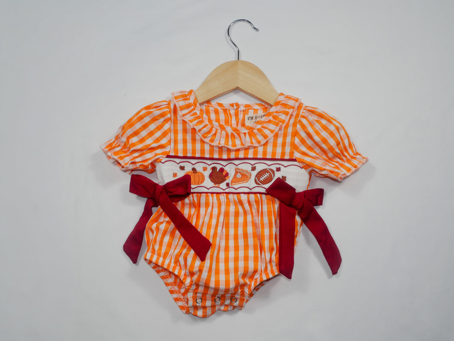 Orange Checkered Fall Embroidered Romper