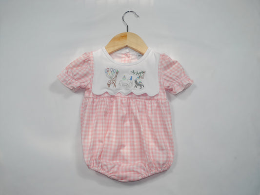 Party Animal Embroidered Pink Gingham Bubble Romper