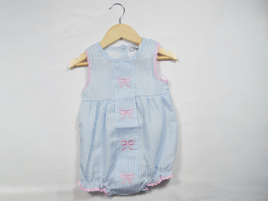 Pink Bow With Blue Stripes Embroidered Bubble Romper