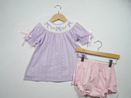 Lavender Smocked Embroidered Bow Jacquard Bloomer