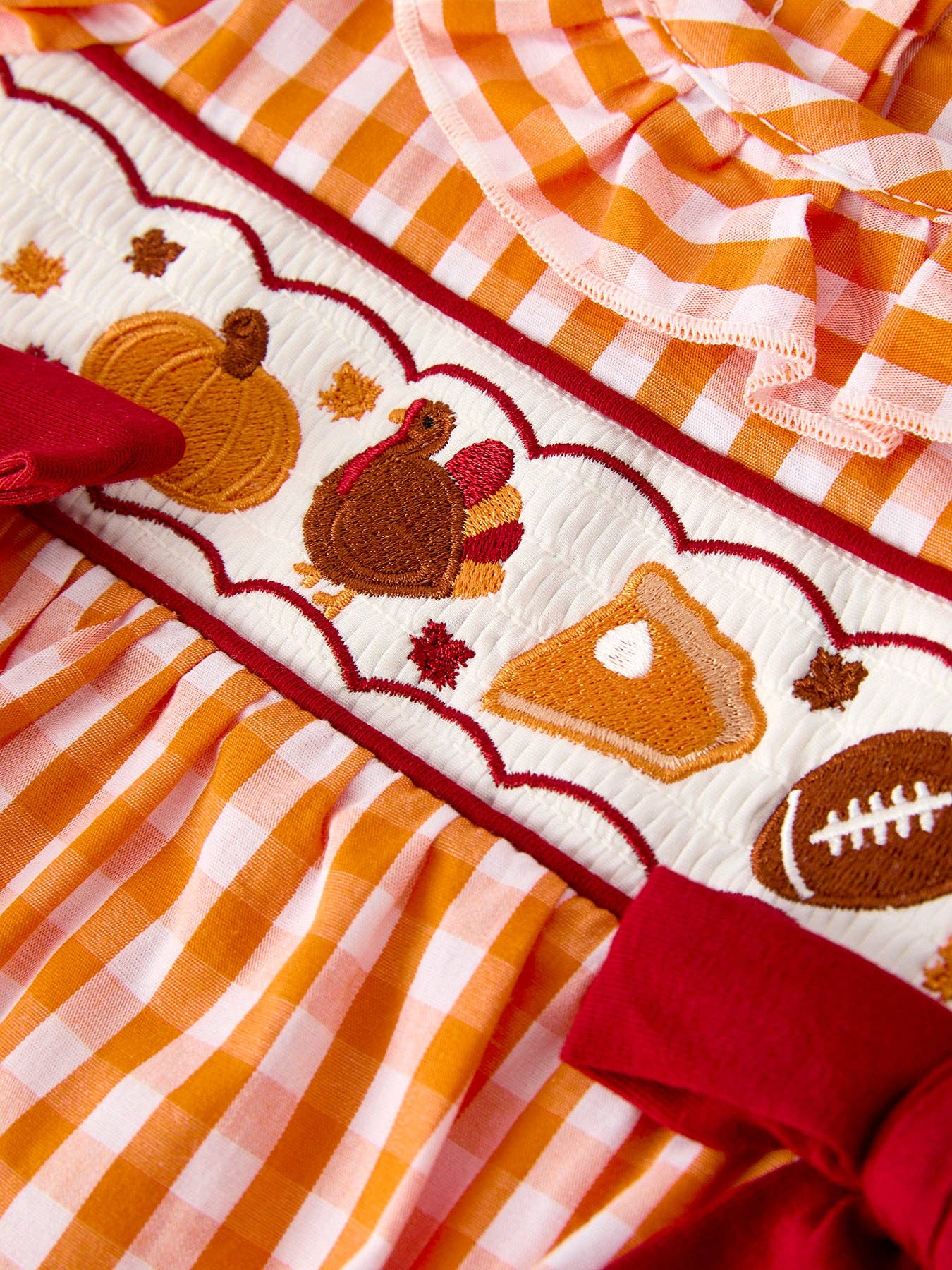 Orange Checkered Fall Embroidered Romper