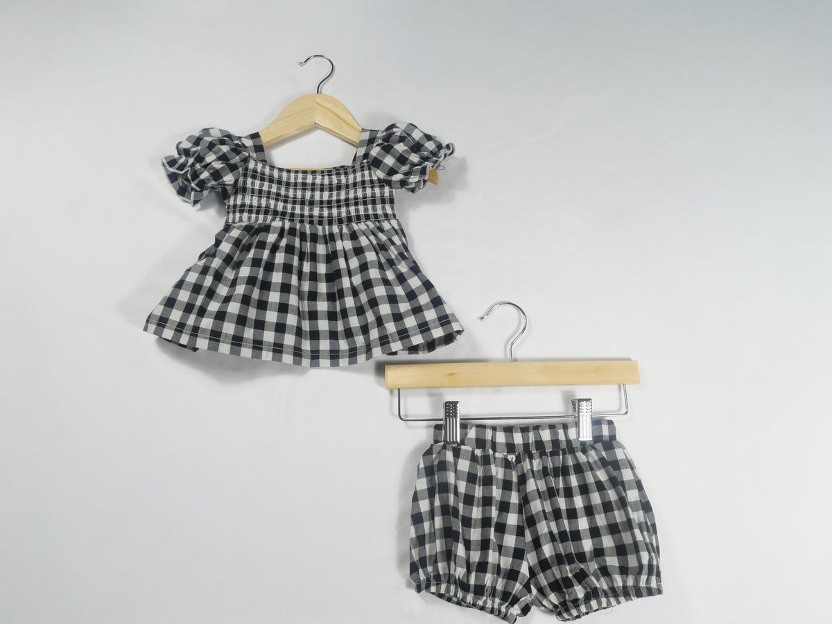 Plaid Girl Smocked Puff Sleeve Bloomer Set